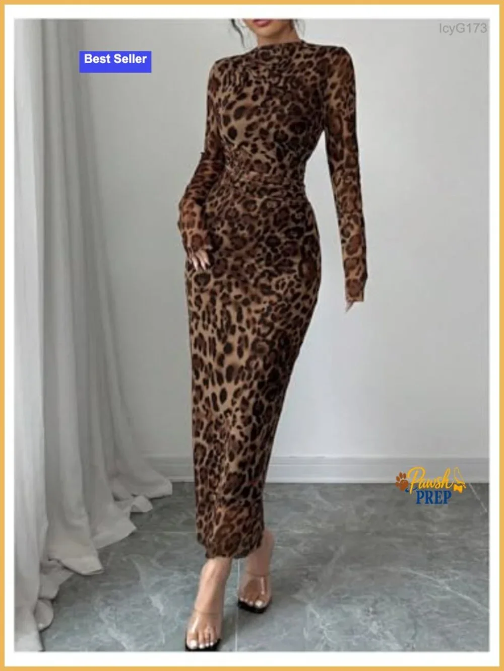 Women's Leopard Mesh Sheer Long Sleeve Maxi Dress Ruched Bodycon Party